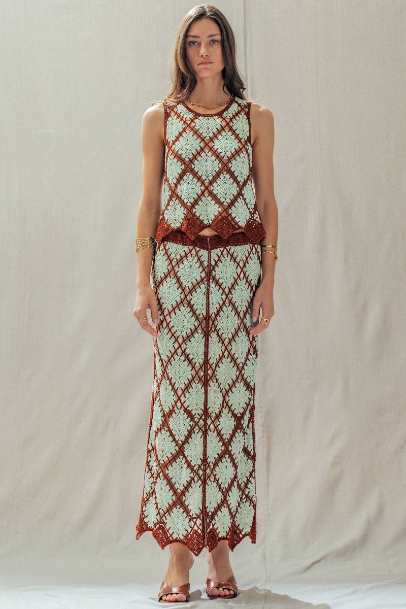 Diamond Pattern Open - Knit Crochet Skirt Mint Brown - UDSK0098-S/M
