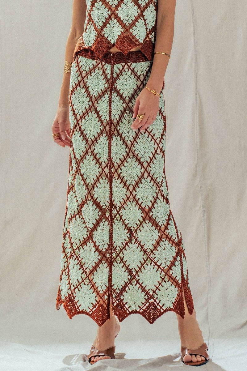 Diamond Pattern Open - Knit Crochet Skirt Mint Brown - UDSK0098-S/M