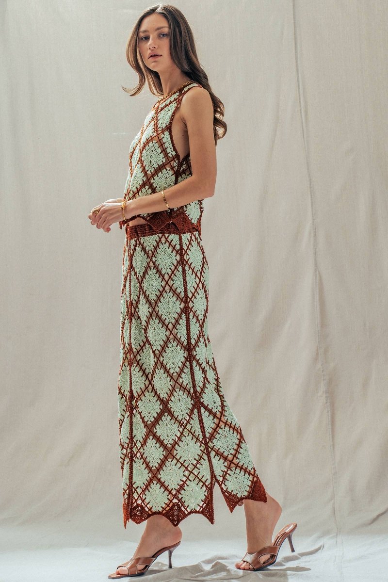 Diamond Pattern Open - Knit Crochet Skirt Mint Brown - UDSK0098-S/M