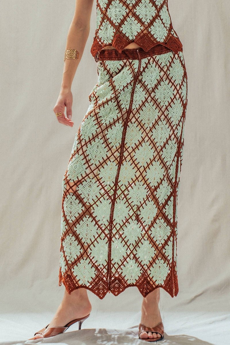 Diamond Pattern Open - Knit Crochet Skirt Mint Brown - UDSK0098-S/M