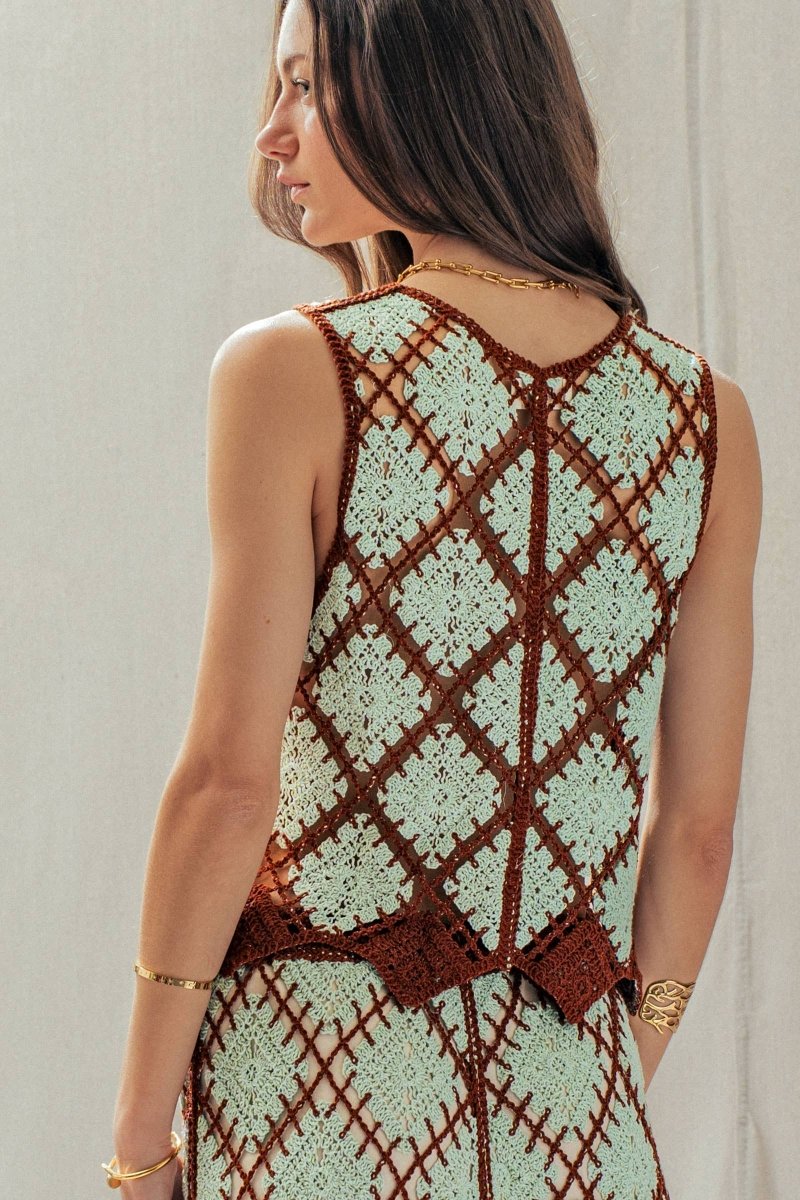 Diamond Crochet Pattern Sleeveless Tank Mint Brown - UDSW0316-S/M