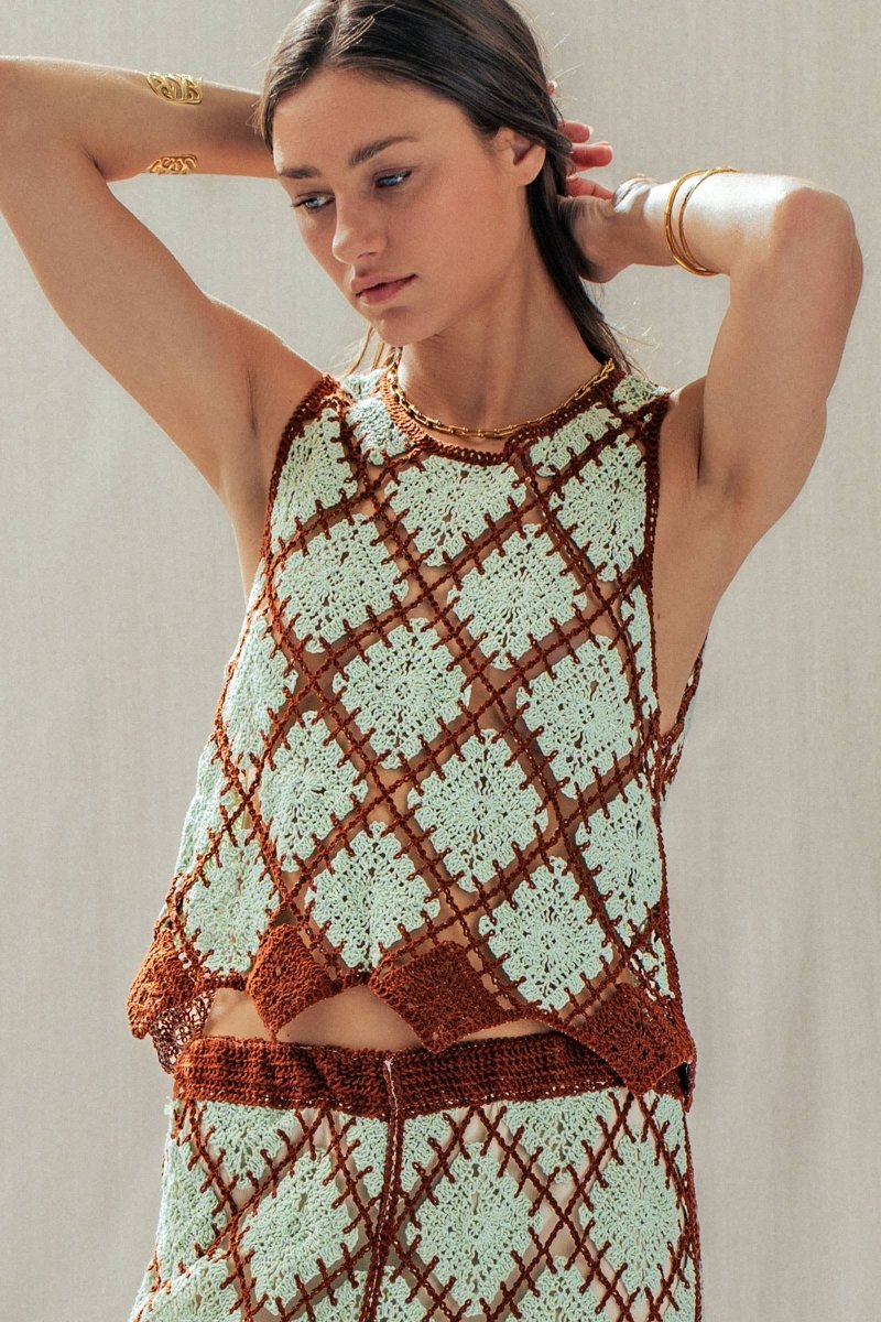 Diamond Crochet Pattern Sleeveless Tank Mint Brown - UDSW0316-S/M