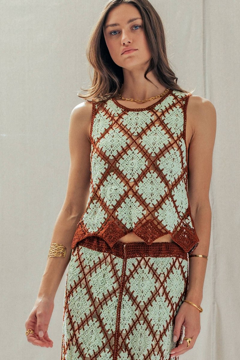 Diamond Crochet Pattern Sleeveless Tank Mint Brown - UDSW0316-S/M