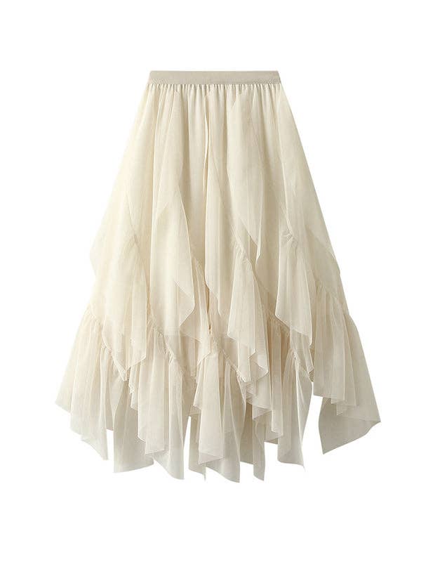 Gauze Pleated Solid Color Split - Joint A - Line Loose Skirt - Apricot - ONE SIZE - CY-128259