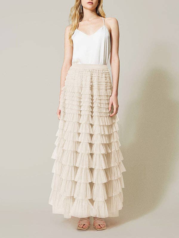 A - Line Waisted Solid Color Tulle Skirt - Apricot - CY-140365-S