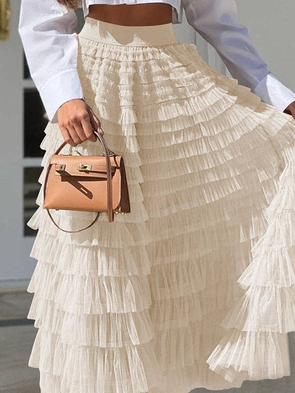 A - Line Waisted Solid Color Tulle Skirt - Apricot - CY-140365-S