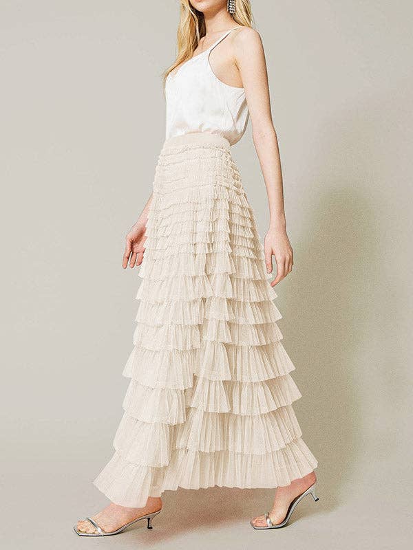 A - Line Waisted Solid Color Tulle Skirt - Apricot - CY-140365-S