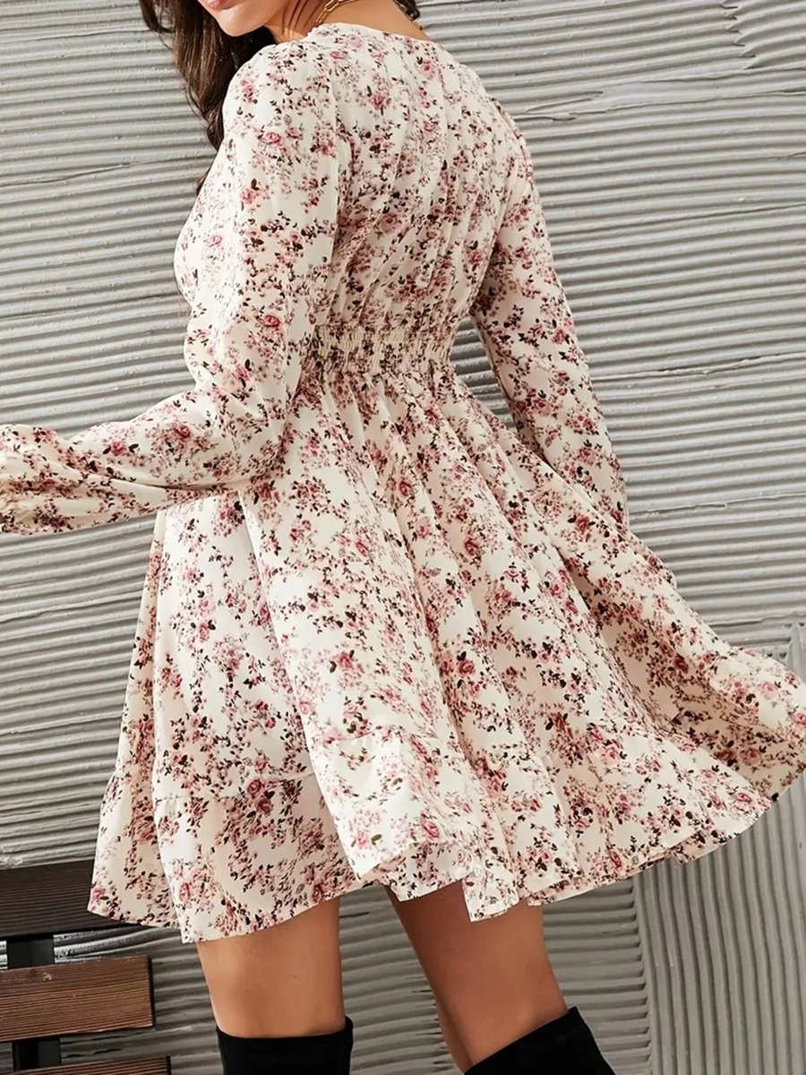 Collared Printed Long Sleeve Tie Waist Slit Dress - Beige - FRCY12345-BEIGE-S