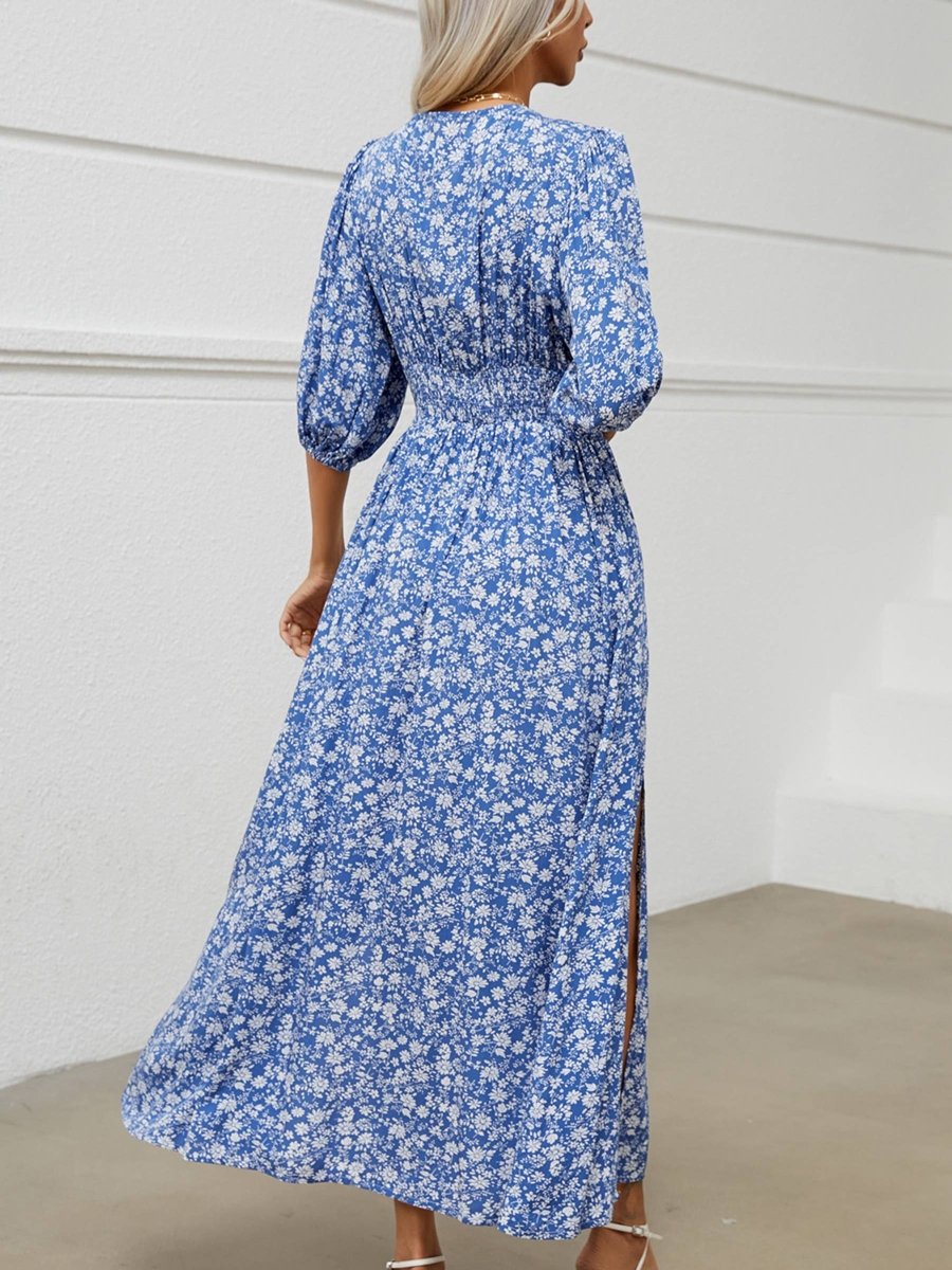 V - Neck Lantern Sleeve Waist Up Holiday Dress - Blue - FRJMRJD9137-S