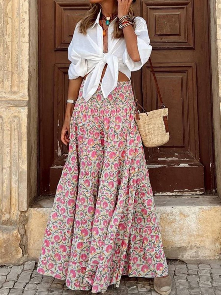 Vacation Casual Print Midi Skirt - Pink - FRJY8048-S