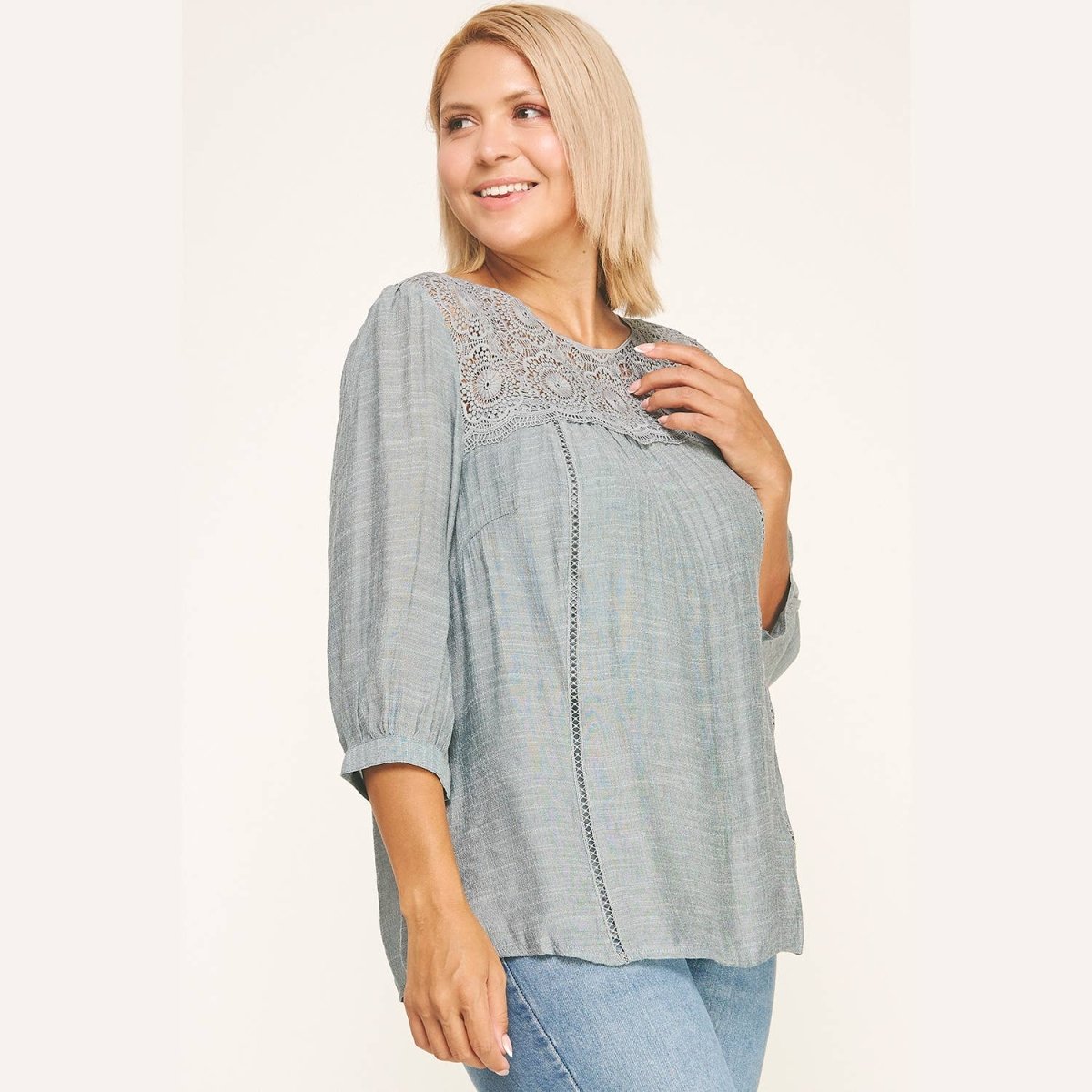 Winslow Collection Plus Size Solid Peasant Blouse w/ Applique Yoke - Denim - GIA114X-DENIM-1XL