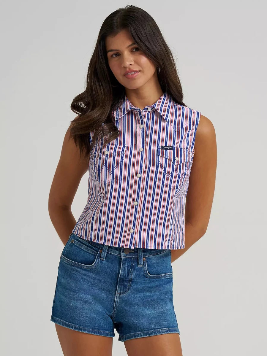 Wrangler Retro Women's Americana Sleeveless Snap Shirt - White - Blue Stripe - 112379486-XS