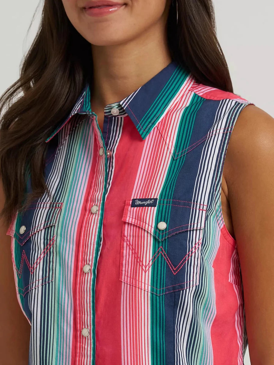Wrangler Retro Women's Punchy Sleeveless Snap Shirt - White - Pink - 112379504-S