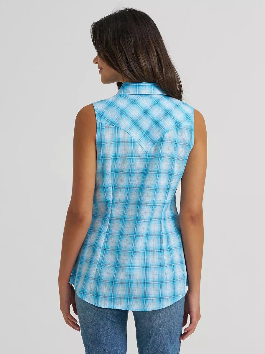 Wrangler Retro Women's Essential Sleeveless Plaid Western Snap Shirt - Pool Blue -