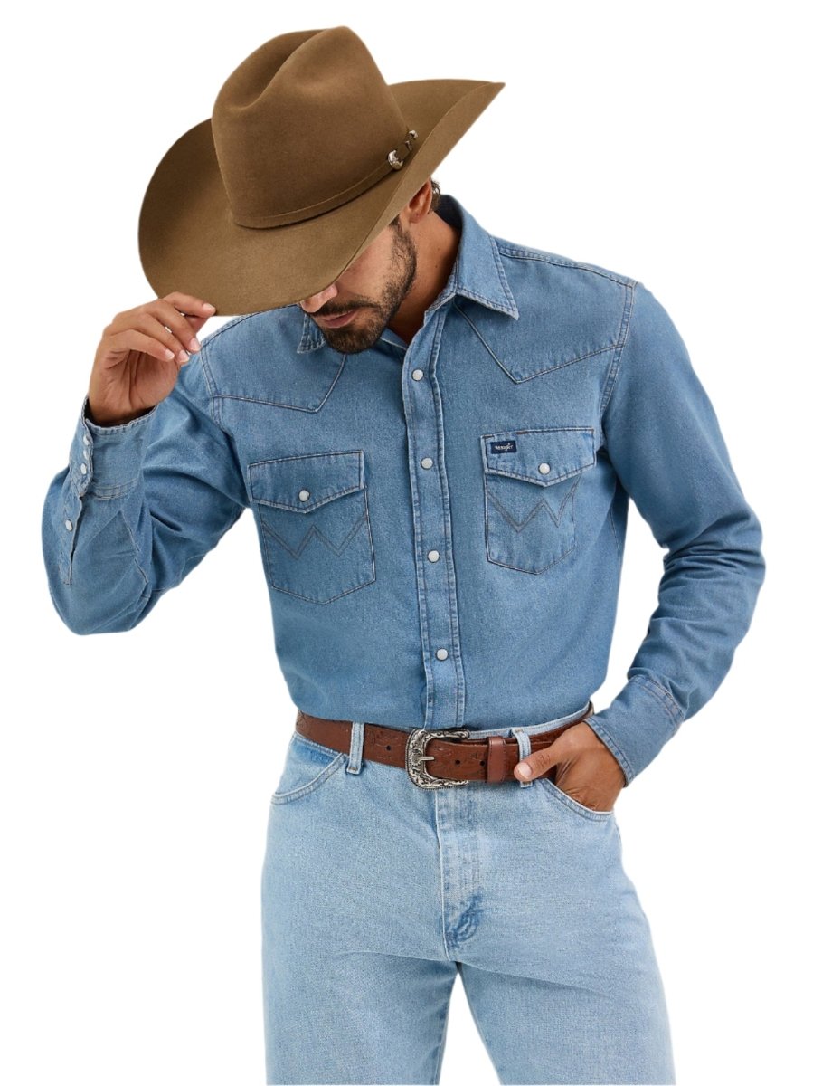 Wrangler Men's Cowboy Cut Long Sleeve Western Stonewash Denim Snap Work Shirt - 70127SW - S