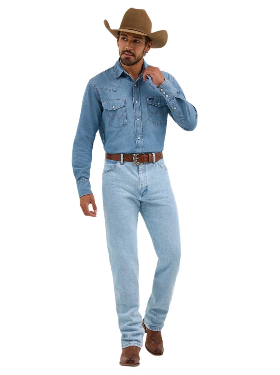 Wrangler Men's Cowboy Cut Long Sleeve Western Stonewash Denim Snap Work Shirt - 70127SW - S