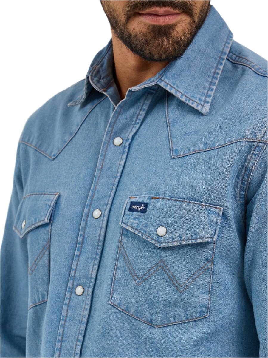 Wrangler Men's Cowboy Cut Long Sleeve Western Stonewash Denim Snap Work Shirt - 70127SW - S