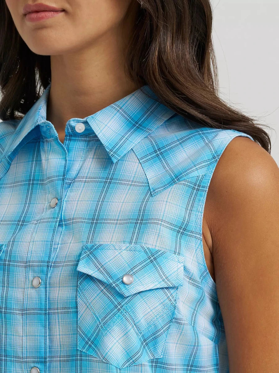 Wrangler Retro Women's Essential Sleeveless Plaid Western Snap Shirt - Pool Blue -
