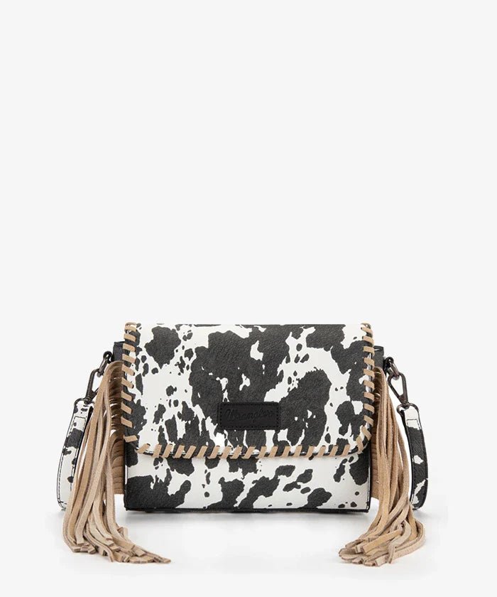 Wrangler Cow Print Fringe Crossbody Bag - Black - WG444-1818BK