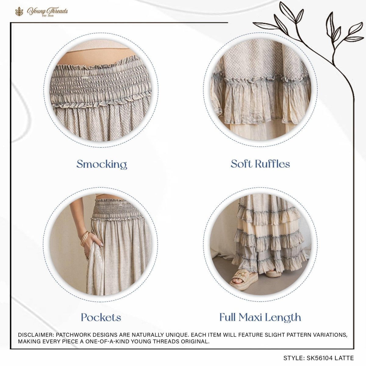 Young Threads Rustic Textured Smocked Waist Ruffled Tiered Maxi Skirt - Grey - SK56104-GREY-S