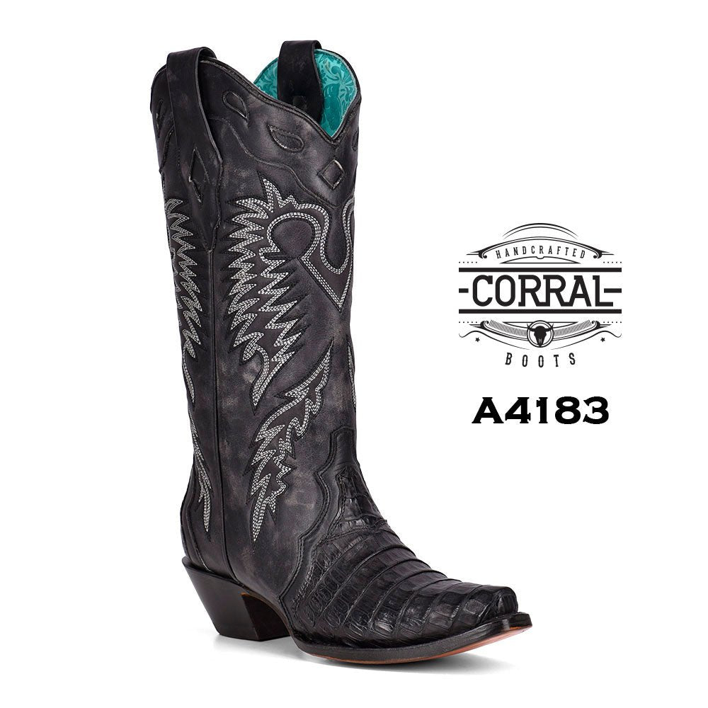 Corral Women's Black Caiman Embroidery Snip Toe Boot - A4183 - 5M