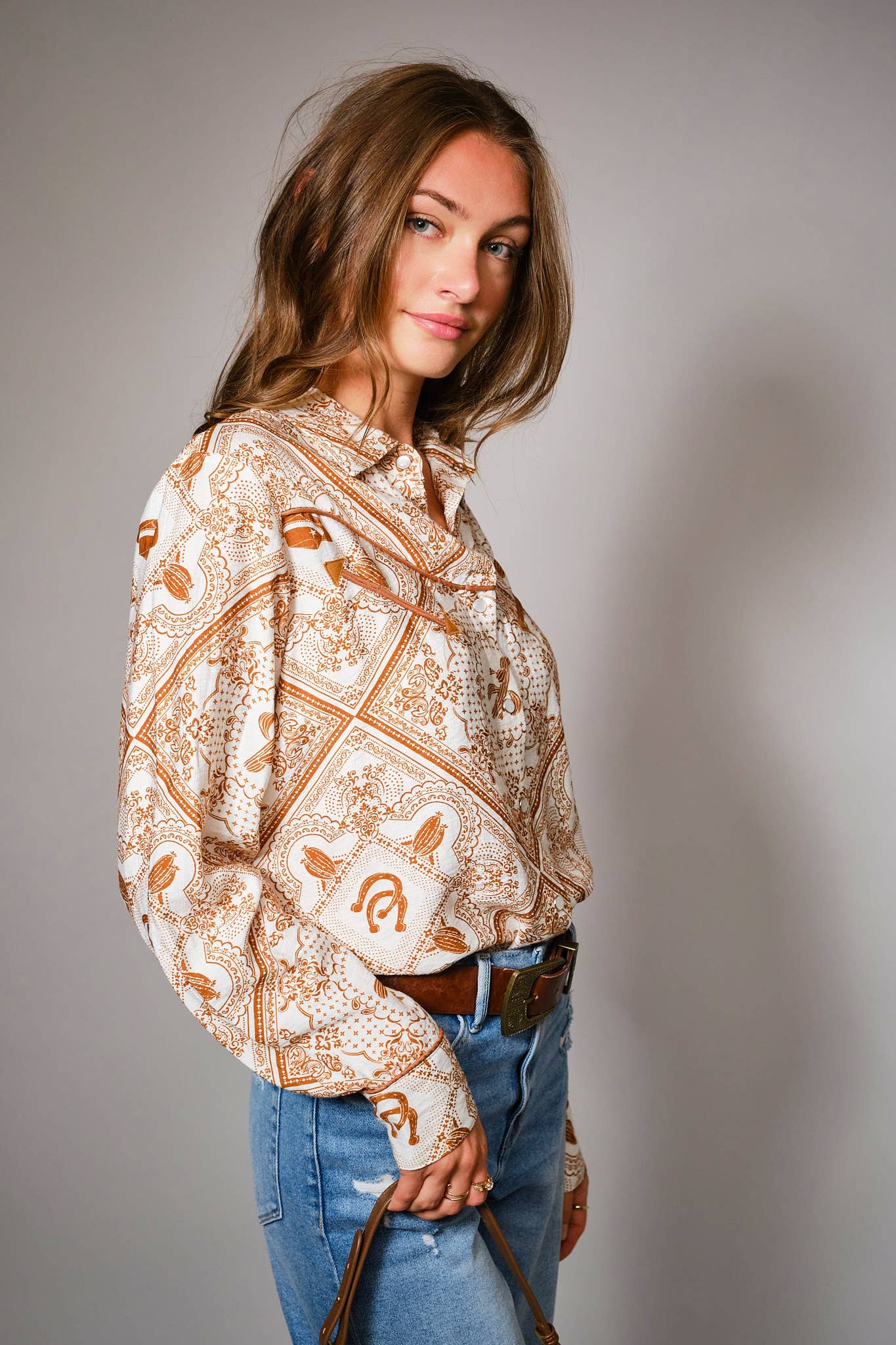 Blue B Western Printed Long Sleeve Button-Up Shirt - Off White Rust