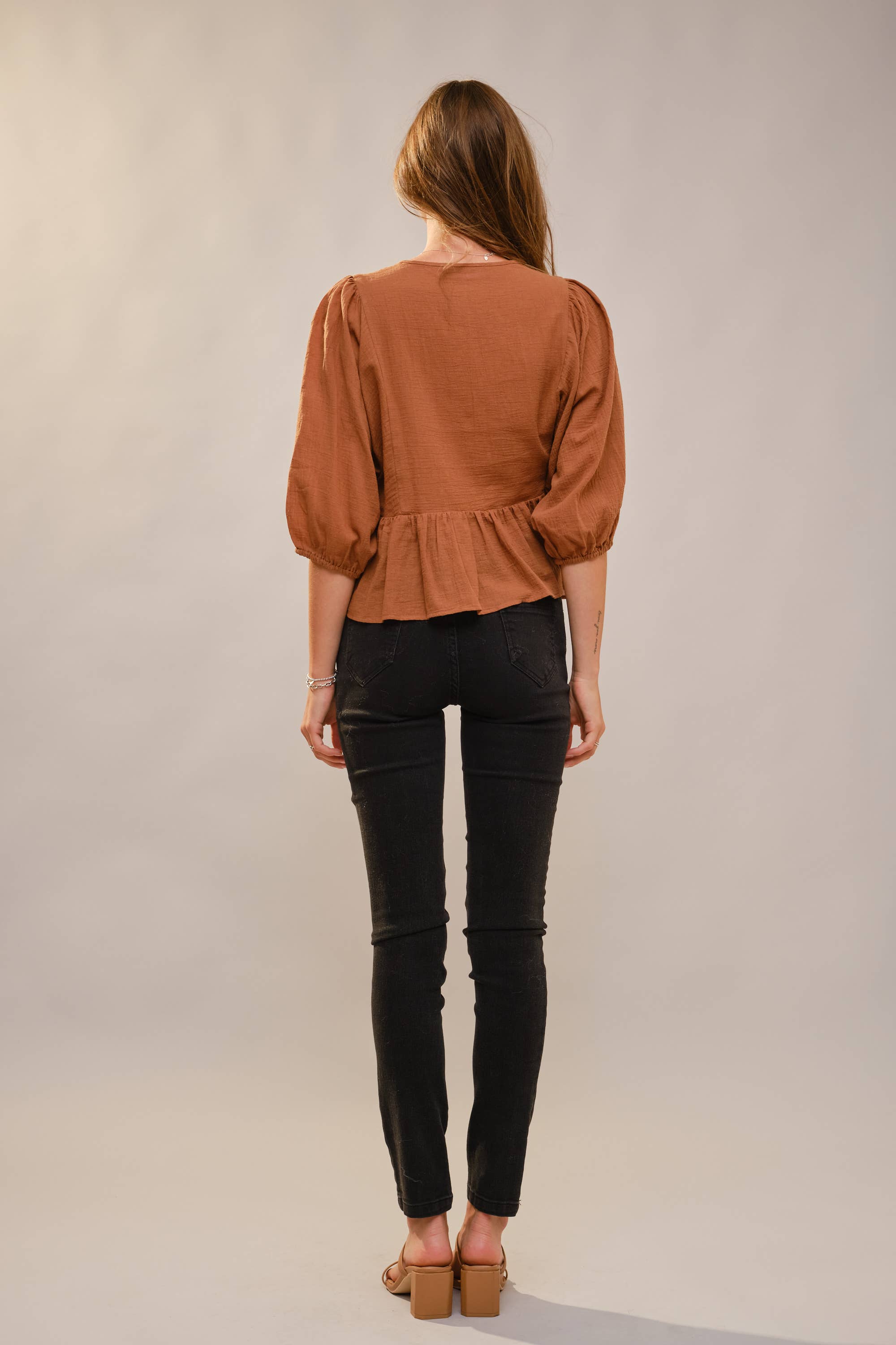 Blue B 3/4 Puff Sleeve Embroidered Peplum Blouse - Brown