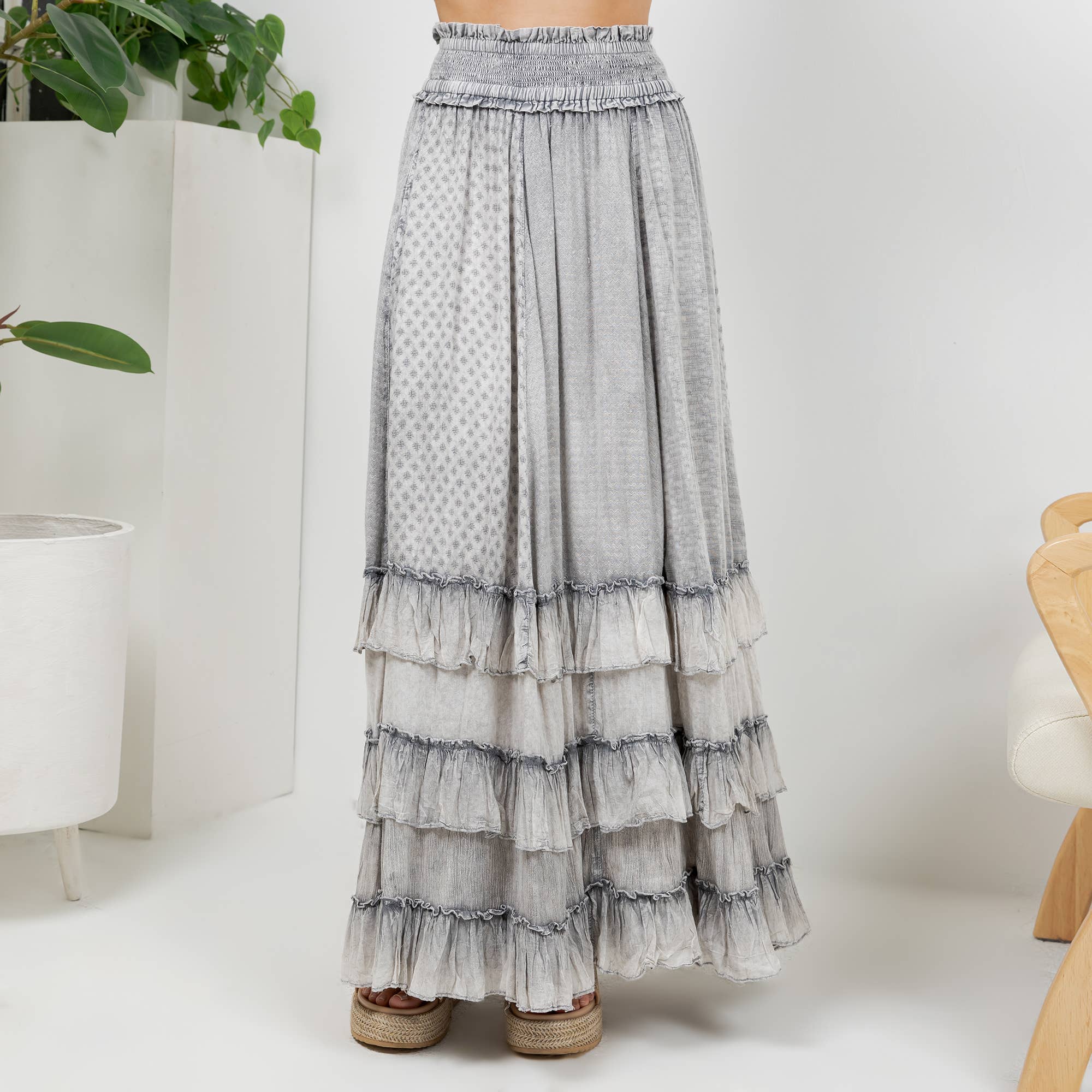 Young Threads Rustic Textured Smocked Waist Ruffled Tiered Maxi Skirt - Grey