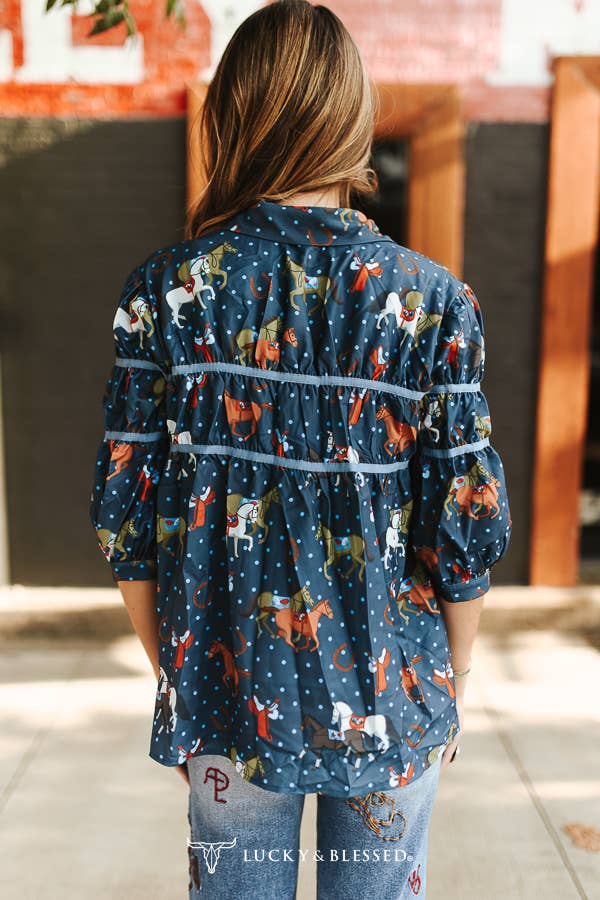 Lucky & Blessed Women's Plus Size Navy Western Horse Print Contrast Piping Blouse
