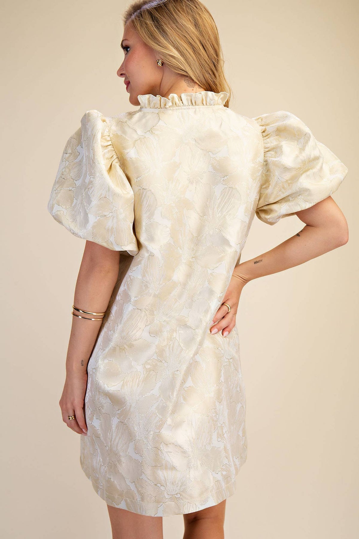 Glam Ruffle V-Neck Puff Sleeve Mini Dress - Champagne