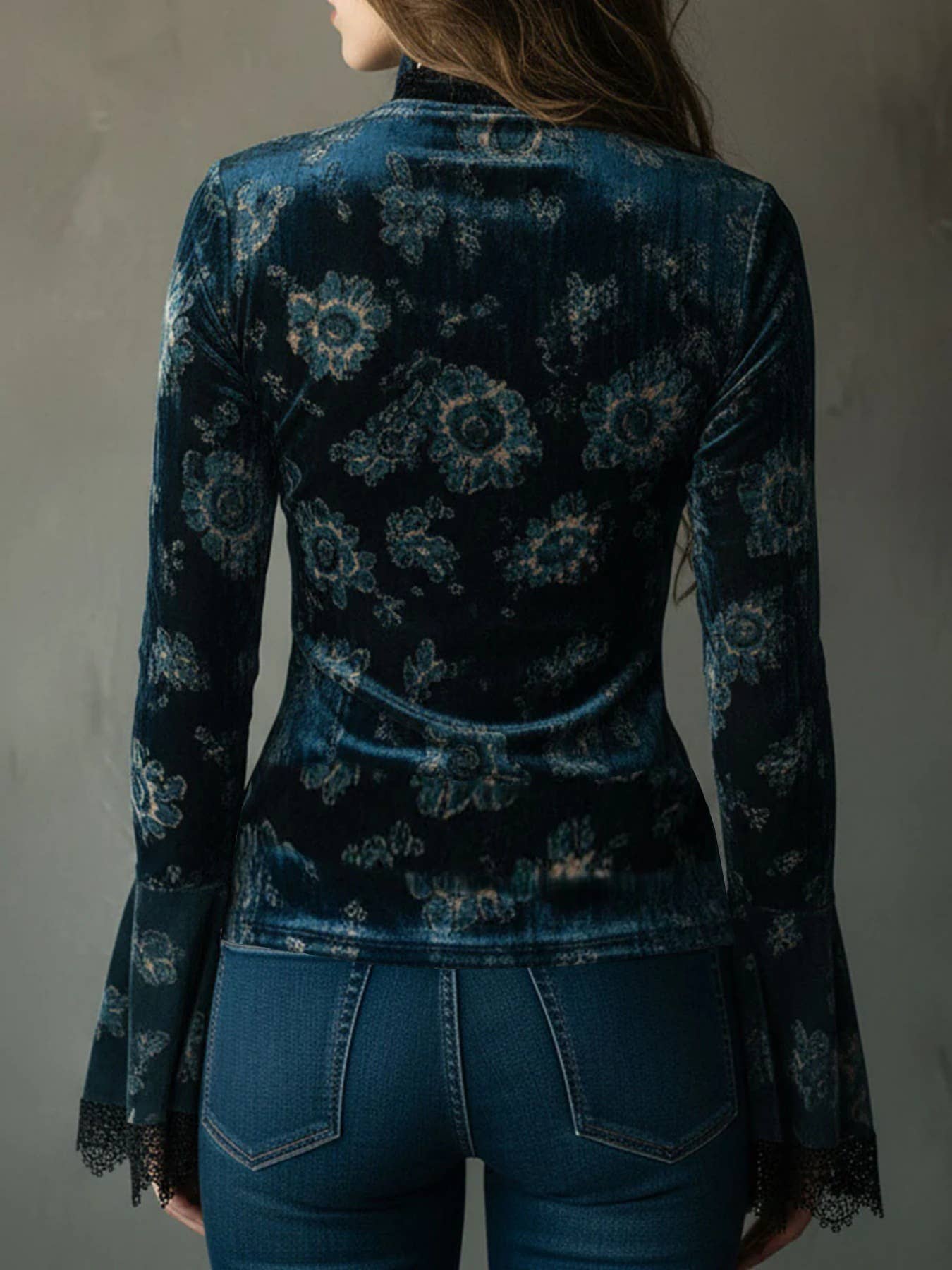 Rosa Clothing Floral Lace Trim Long Sleeve Blouse - Navy