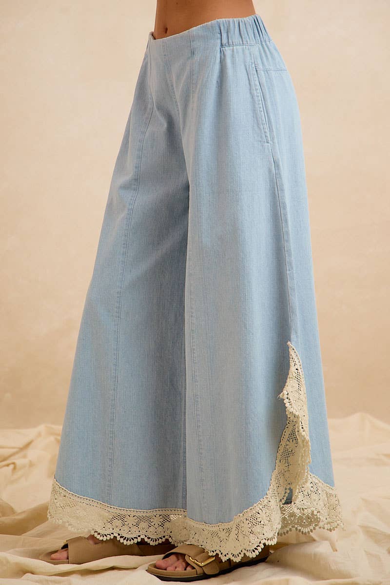 BiBi Wide Leg Crochet Lace with Tulip Hem Jeans - Denim