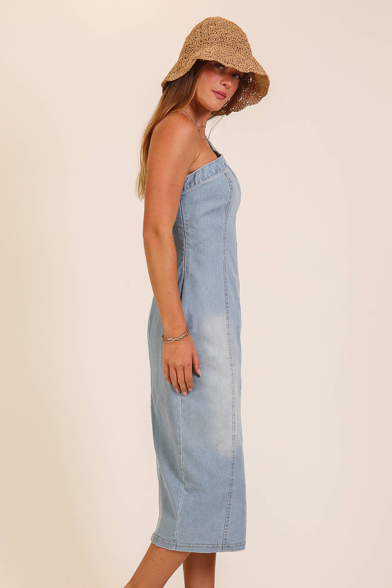 TIMING Stretchy Denim One Shoulder Midi Dress - Light Denim