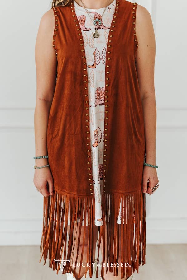 Lucky & Blessed Brown Stretch Suede Gold Vintage Studded Fringe Hem Vest
