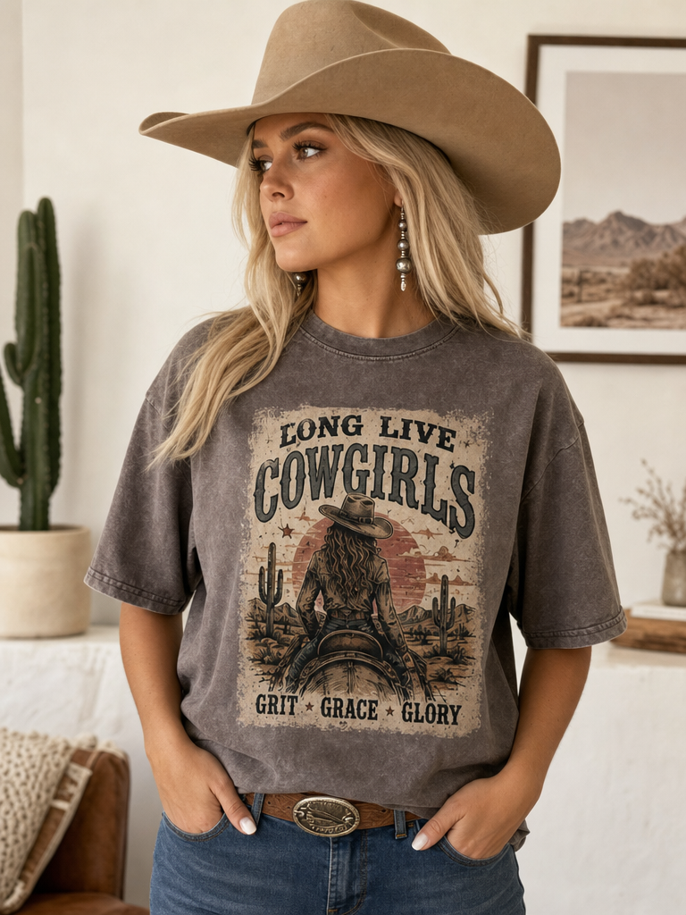 Avery Apparel Long Live Cowgirls Mineral Wash T-Shirt - Mocha