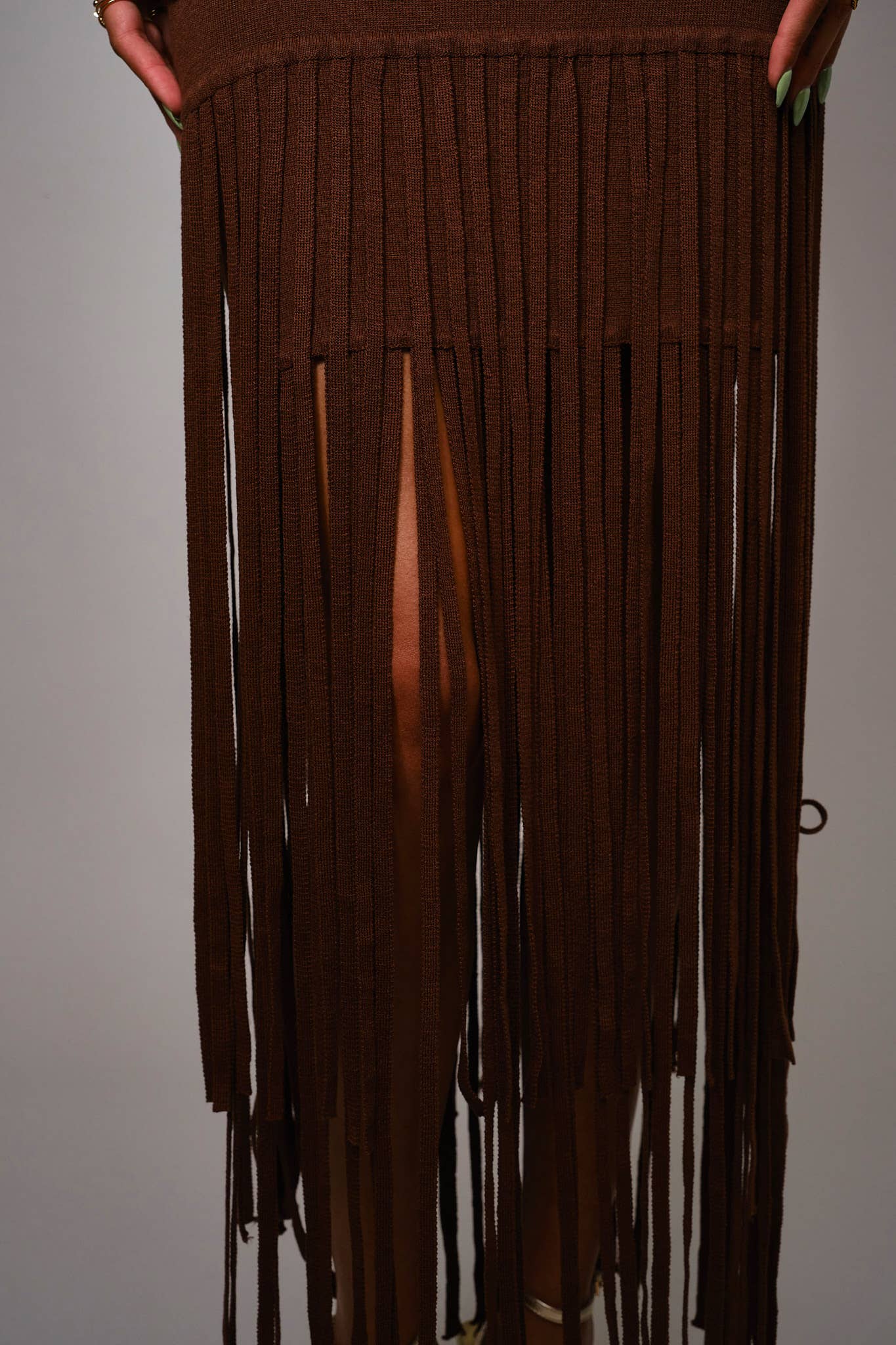 Blue B Fringe Hem Knit Maxi Dress - Dark Brown