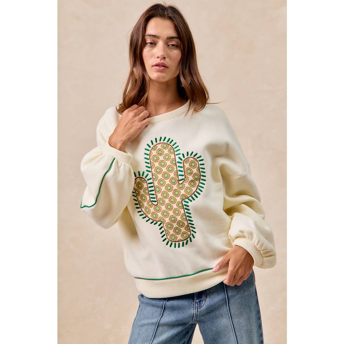 BiBi Cactus Embroidered Fleece Sweatshirt - Cream