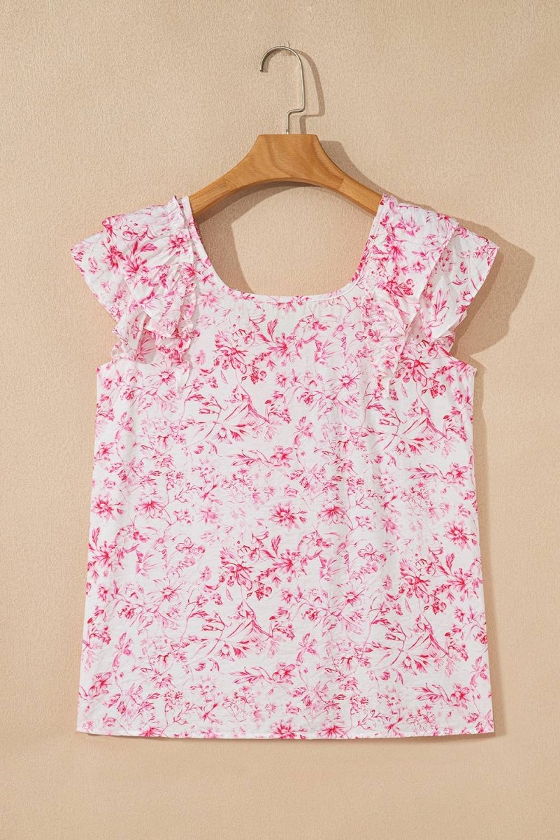 1 the Woman Floral Ruffled Short Sleeve Square Neck Bow Back Blouse - Pink - 1TW25132285-P1020-S