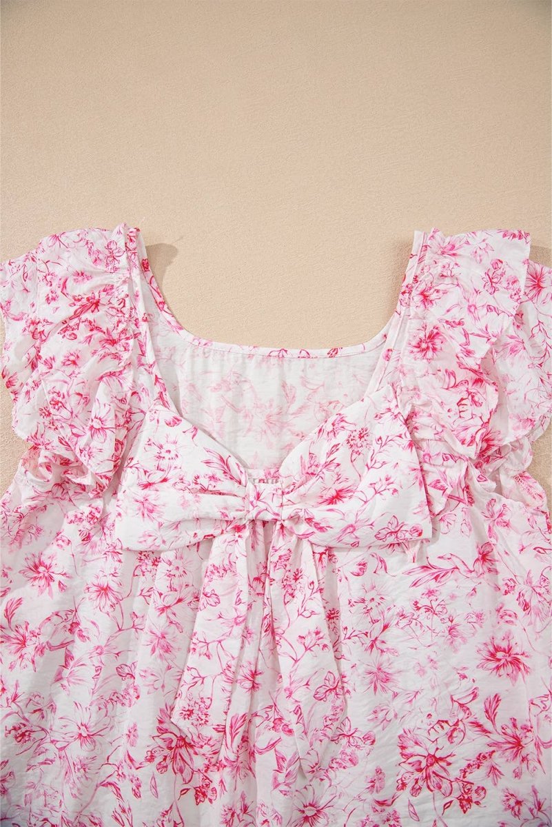 1 the Woman Floral Ruffled Short Sleeve Square Neck Bow Back Blouse - Pink - 1TW25132285-P1020-S