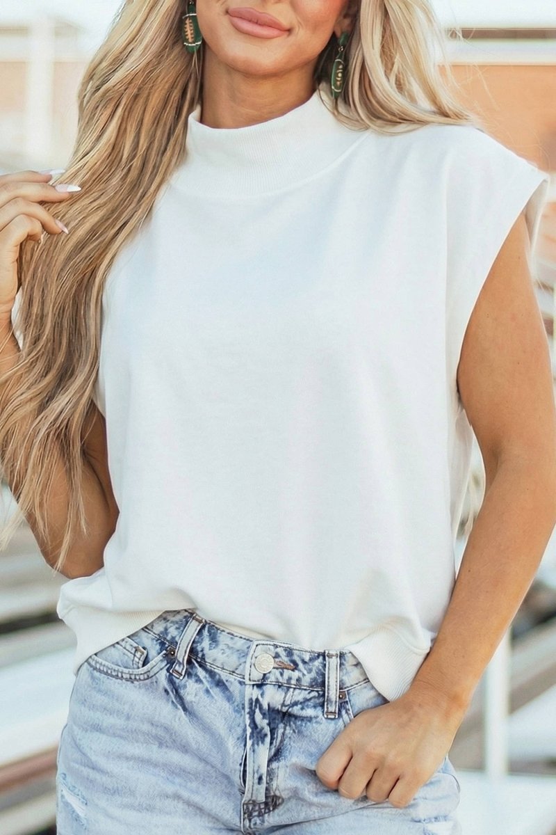 1 the Woman Solid Color Mock Neck Cap Sleeve Loose Top - White - 1TW25136889-P1-S