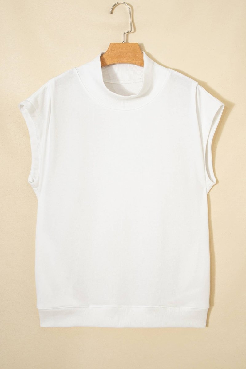 1 the Woman Solid Color Mock Neck Cap Sleeve Loose Top - White - 1TW25136889-P1-S