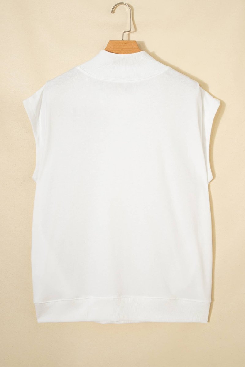 1 the Woman Solid Color Mock Neck Cap Sleeve Loose Top - White - 1TW25136889-P1-S