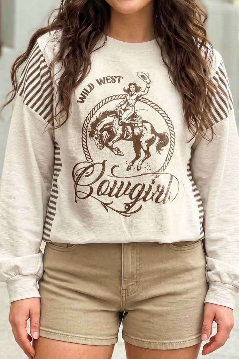 1 the Woman Western Print Patchwork Striped Shift Sweater - Jet Stream - 1TW25138192-P2015-S