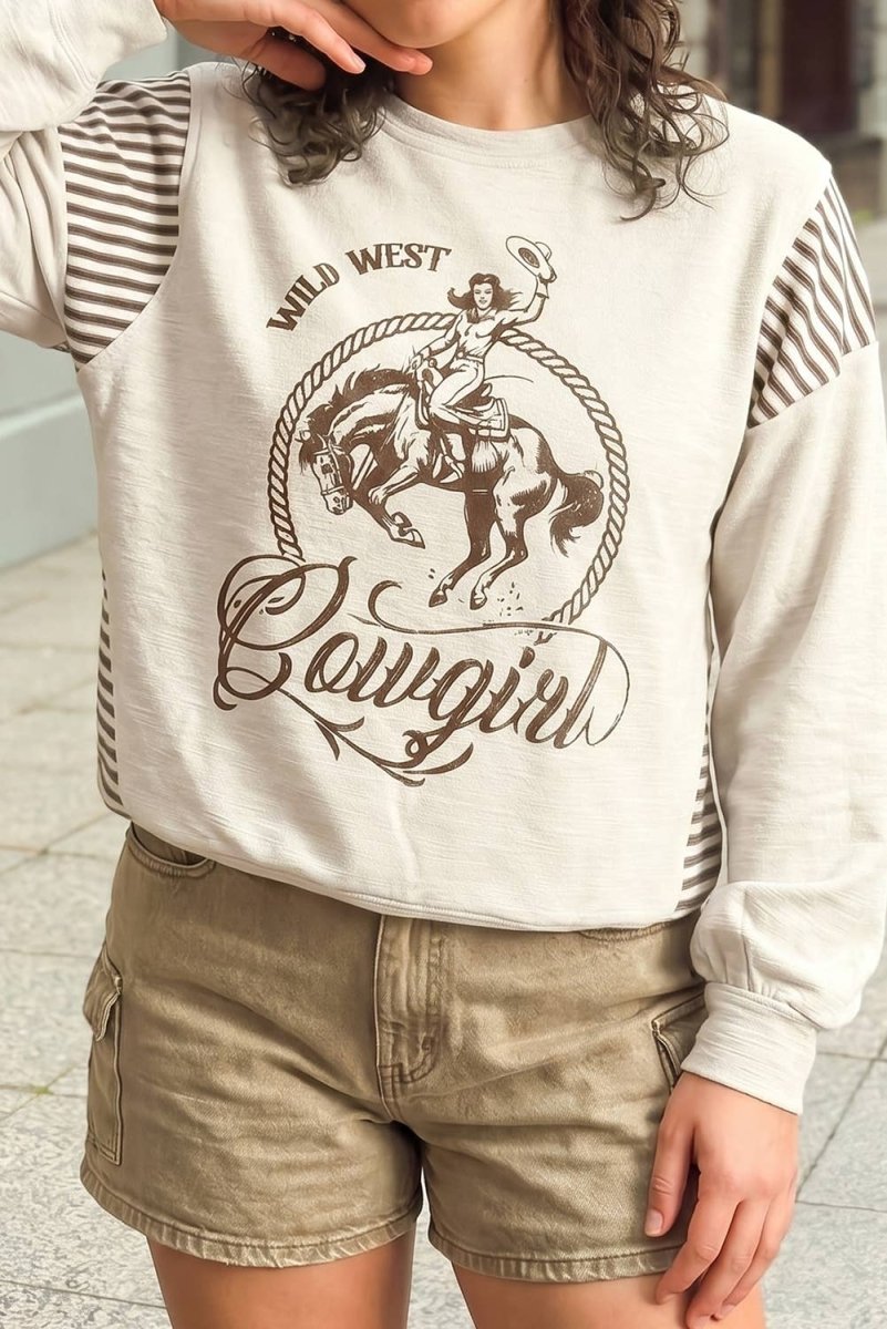1 the Woman Western Print Patchwork Striped Shift Sweater - Jet Stream - 1TW25138192-P2015-S