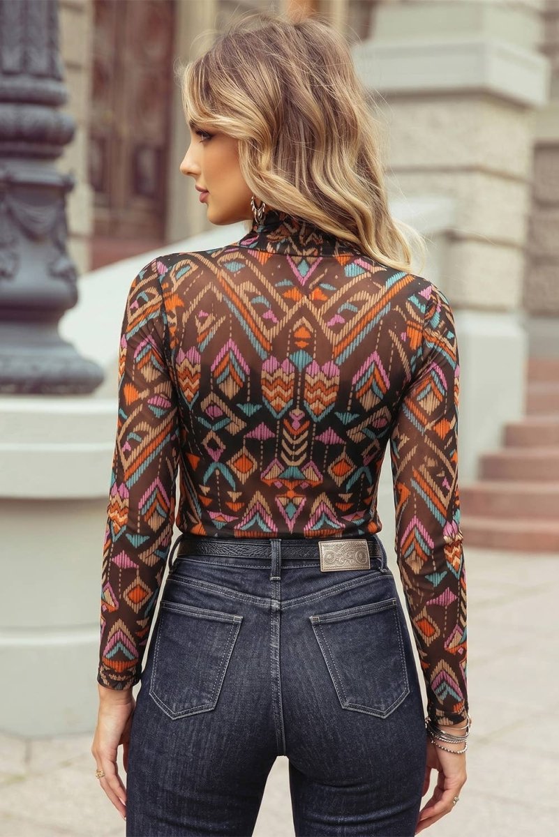 1 the Woman Abstract Print Slim Fit Mesh Long Sleeve Mock Neck Top - Black - 1TW25138648-P202-S