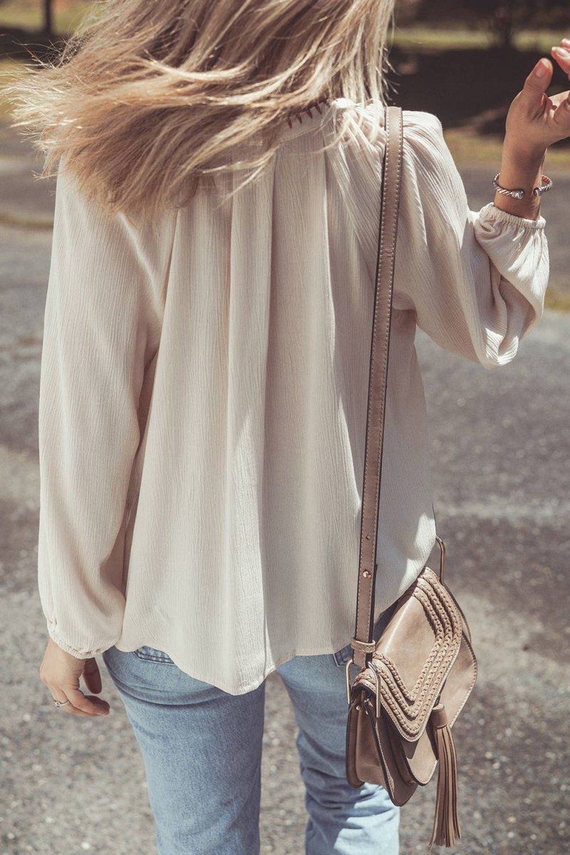 1 the Woman Floral Embroidered Textured Spring Puff Sleeve Loose Shirt Beige - 1TW2555810-P15-S