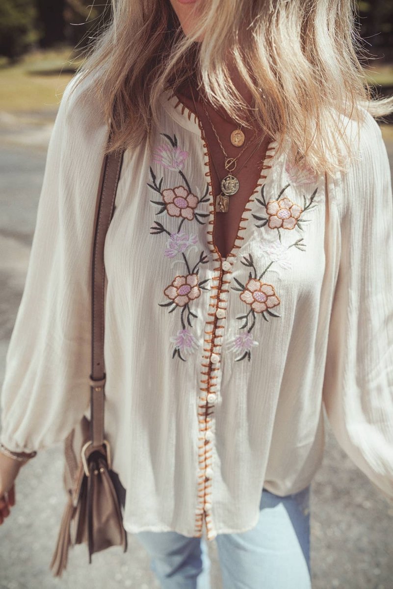 1 the Woman Floral Embroidered Textured Spring Puff Sleeve Loose Shirt Beige - 1TW2555810-P15-S