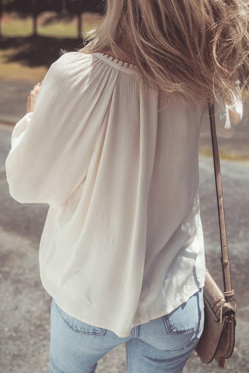 1 the Woman Floral Embroidered Textured Spring Puff Sleeve Loose Shirt Beige - 1TW2555810-P15-S