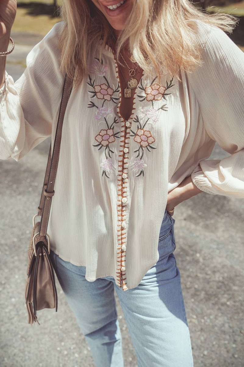 1 the Woman Floral Embroidered Textured Spring Puff Sleeve Loose Shirt Beige - 1TW2555810-P15-S