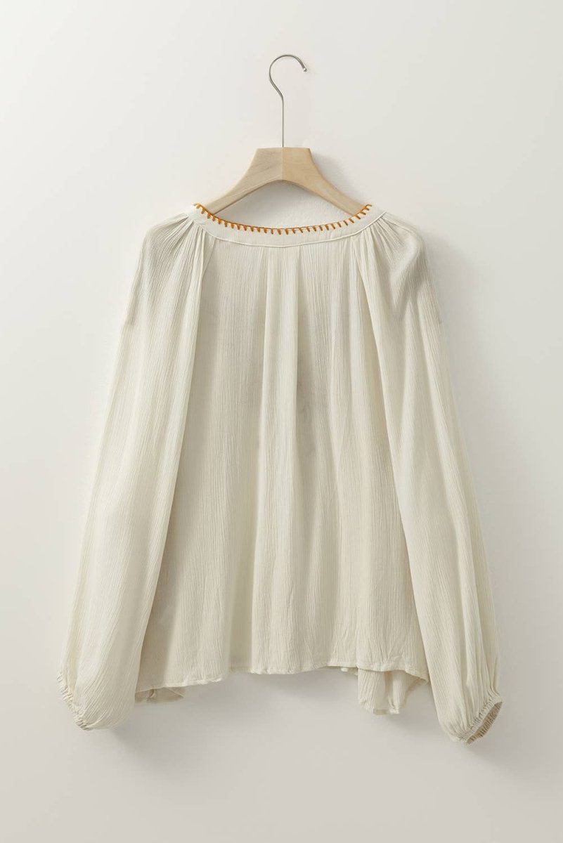 1 the Woman Floral Embroidered Textured Spring Puff Sleeve Loose Shirt Beige - 1TW2555810-P15-S